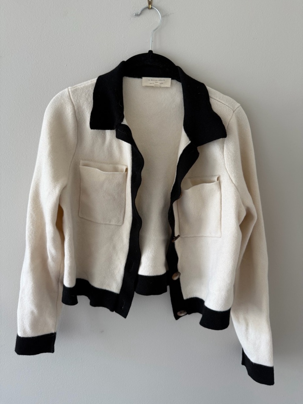 Sezane Cropped Cream and Black Contrast Trim Jacket